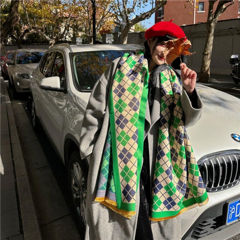 

Sweet plaid scarf women s winter versatile long thickened warm imitation cashmere scarf shawl dual-purpose 180x65cm зелёный