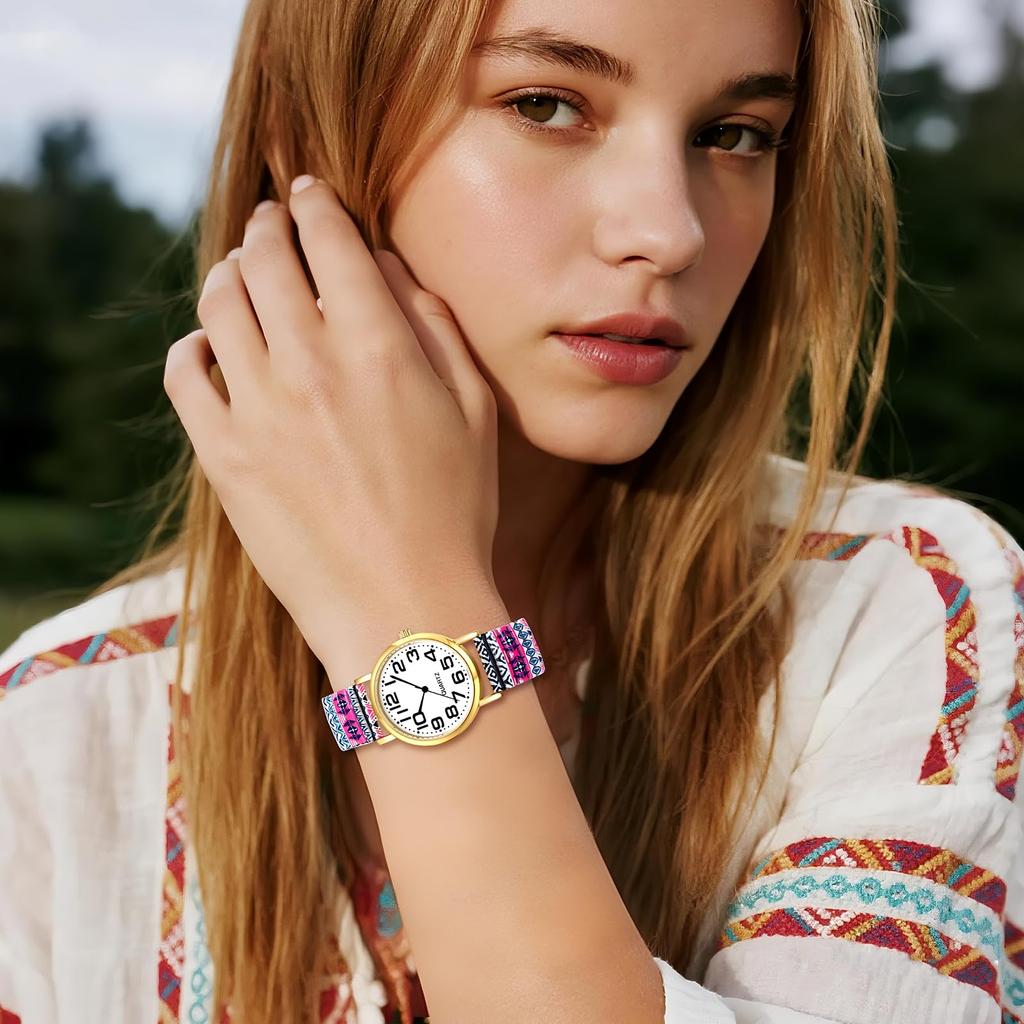 Bohemian Watch with Elastic Strap and Arabic One Size Fits Floral Waterproof Quartz Watch with Stretchable Stainless Steel Analog Colorful Ethnic