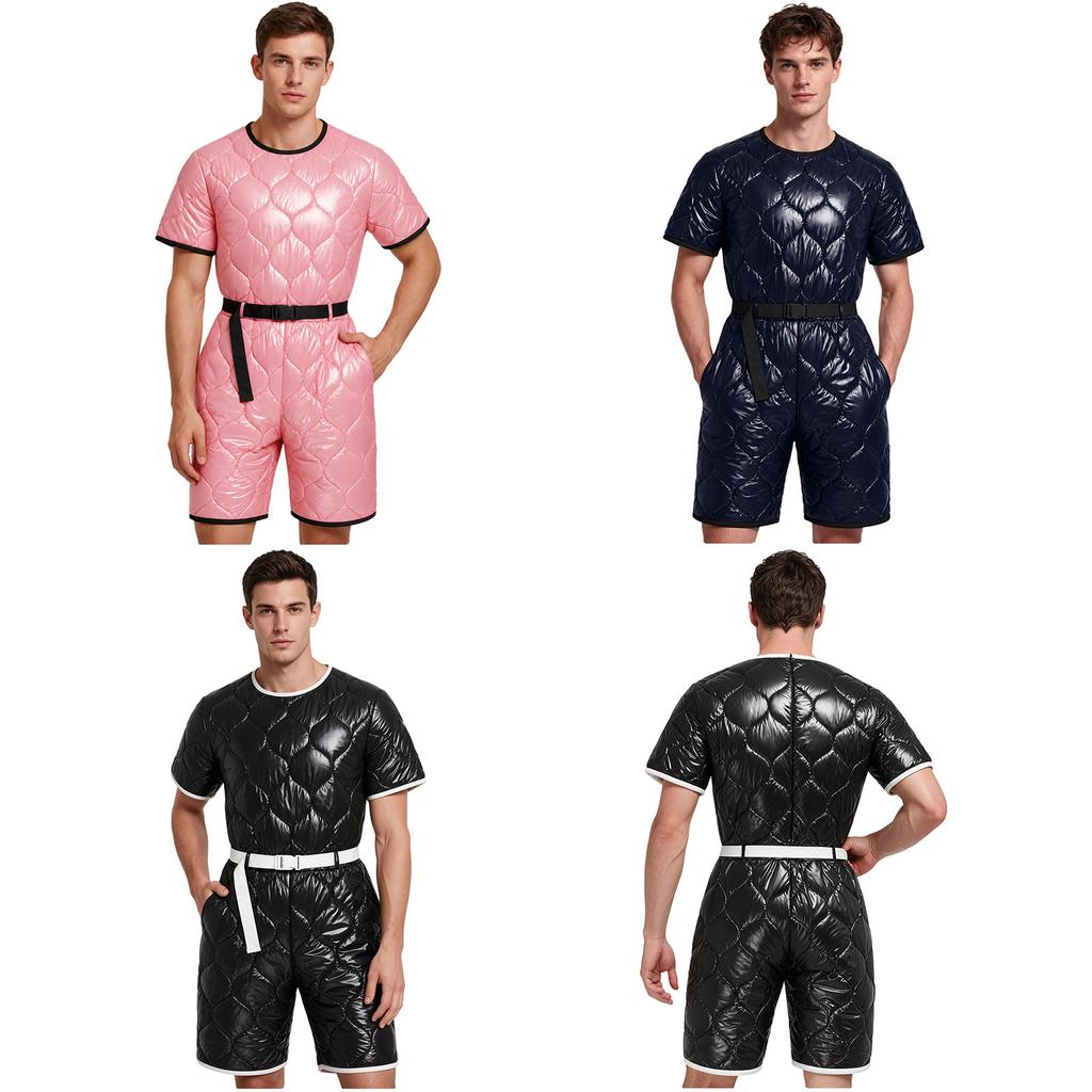 Mens Water Resistant Padded Jumpsuit Short Sleeve Back Invisible Zipper Thigh Length Bodysuit