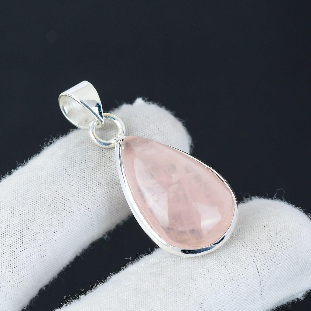 Natural Rose Quartz Gemstone Silver Pendant In 925 Sterling Silver- Handmade Design, Everyday Wear Jewelry, Unique Pendant Birthday Gifts