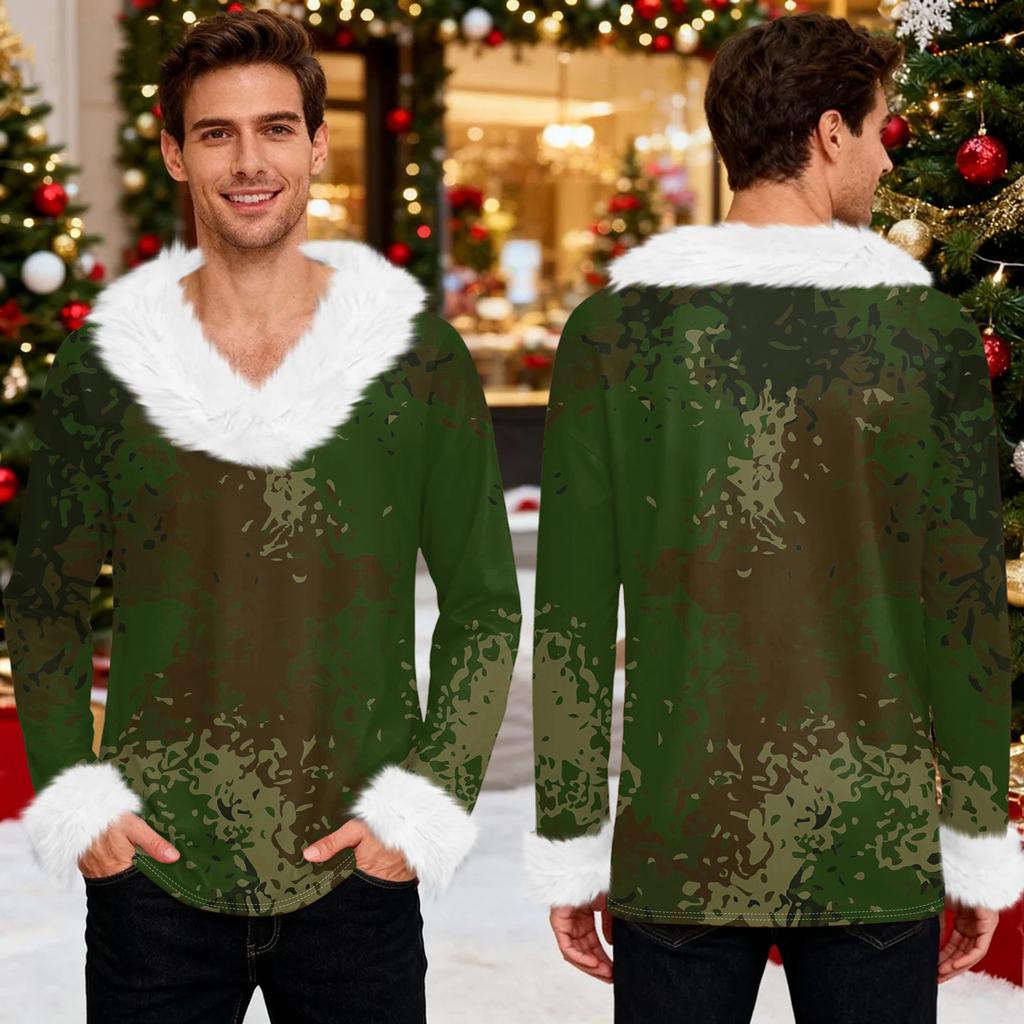 Men's Christmas Printed Fleece Lined Hoodie | Faux Trim Party Sweatshirt With Pocket | Plus Size Loose Fit Holiday Pullover