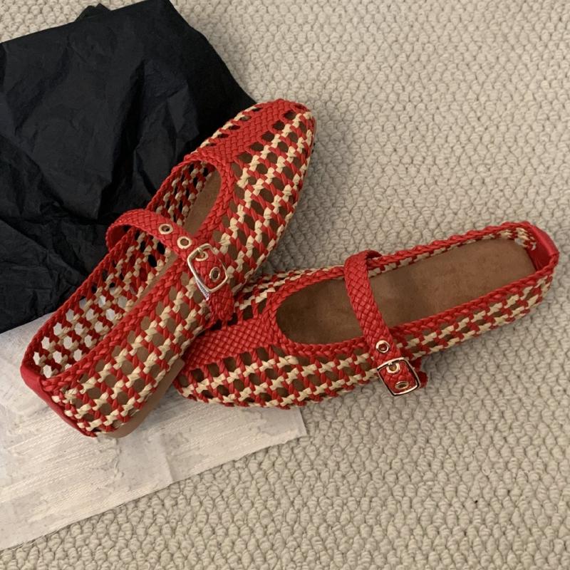 Fashion Handwoven Mixed Colors Hollow Ballet Flats Women Round Toe Buckle Mary Jane Shoes Comfort Brand Designer Loafers Sandals