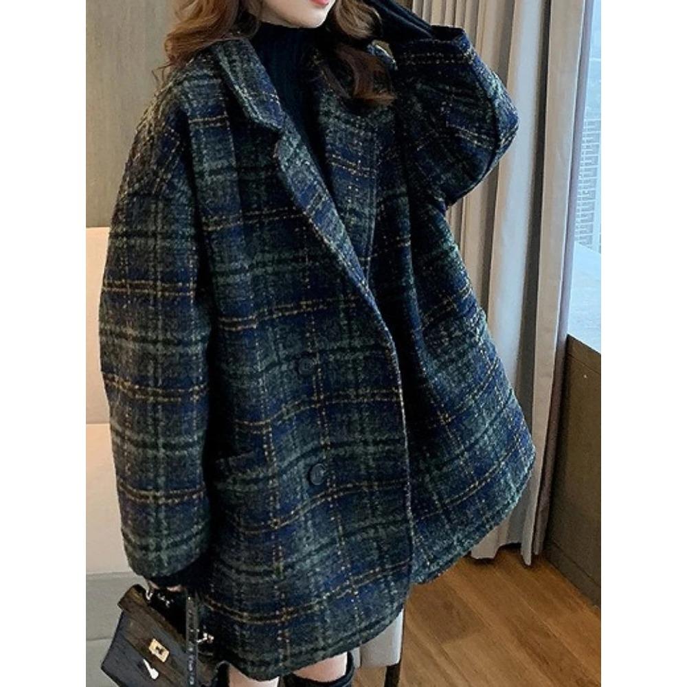 Cappotti di Lana a Manica Lunga da Donna Scozzesi Autunno Inverno Giacca da Abito Ispessita Monopetto Soprabito di Lana Mid-length