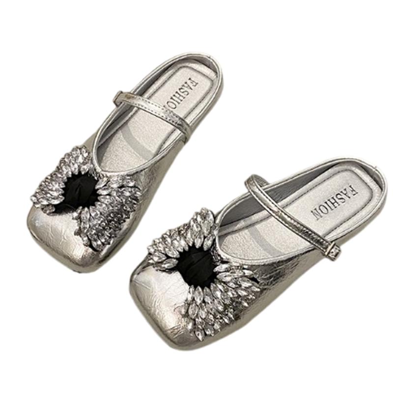 Fashion Crystal Flats Women Slippers Designer Square Toe Slingback Shoes Woman Summer Sandals 2025 Trend Brand Walking Cozy Lady Shoes