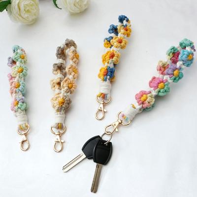 Cordão Fofo Flor Margarida Macramê Boho Floral Porta-Chaves Tira Pulseira Chaveiro