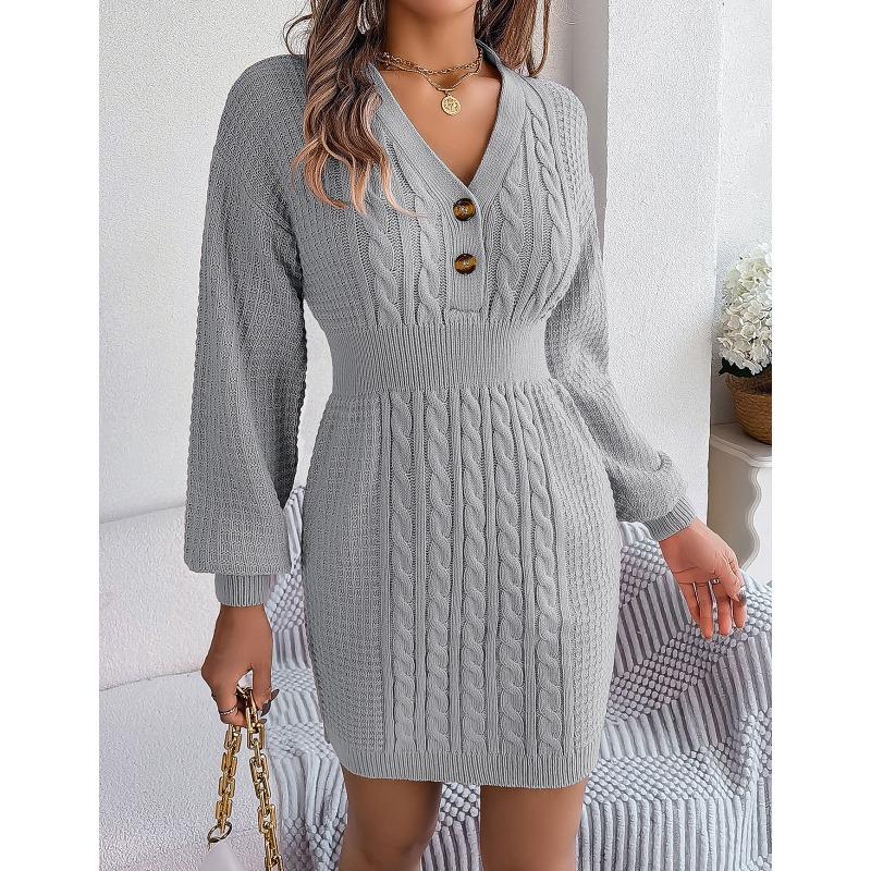 

Женское осенне-зимнее платье-свитер с рукавами-фонариками и пуговицами на бедрах S серый