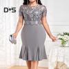 Women Plus Size Embroidery Lace Splice Dress O neck Short Sleeve High Waist Hip Wrapped Fishtail Gown Dress