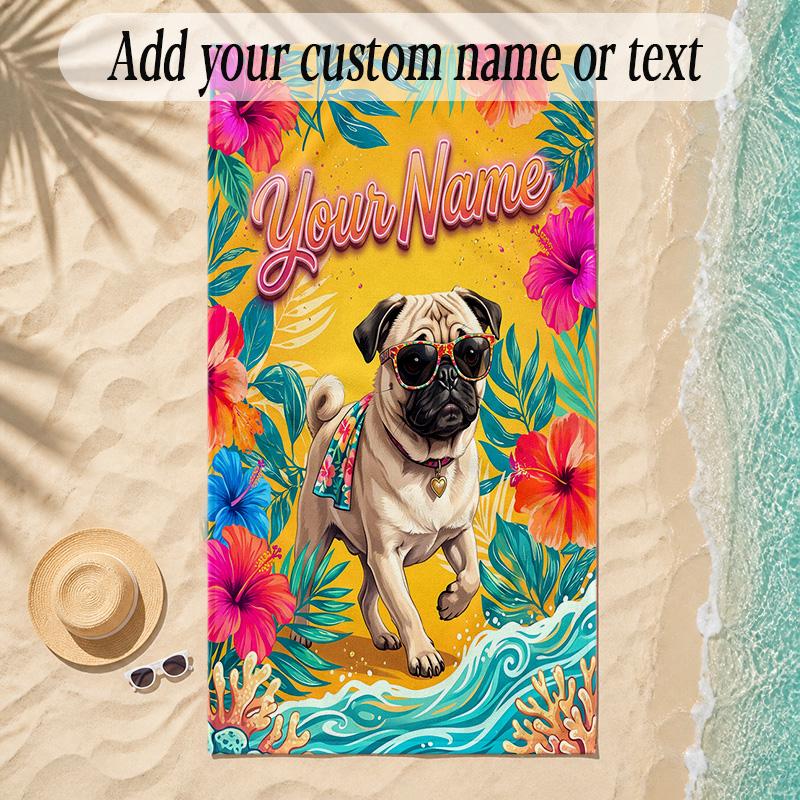 Pug Theme Soft Beach Towel Personalized Custom Name Text Towel Portable for Beach Pool Travel