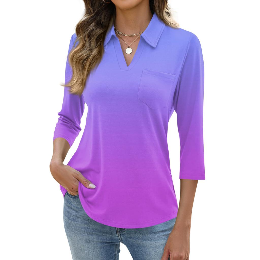 Women's Fashion Casual Lapel Short 3/4 Sleeve Print Shirt Women's Up Tops