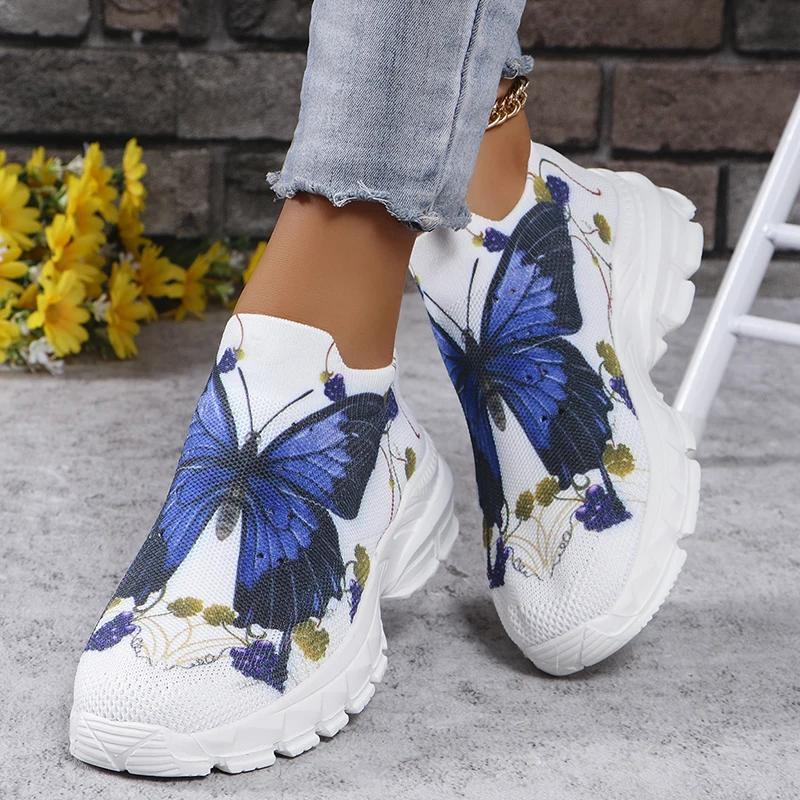 Fashion Thick Bottom Platform Breathable Knitted Sneakers Women Autumn 2025 Butterfly Print Slip On Casual Shoes Woman Non Slip Flats 43