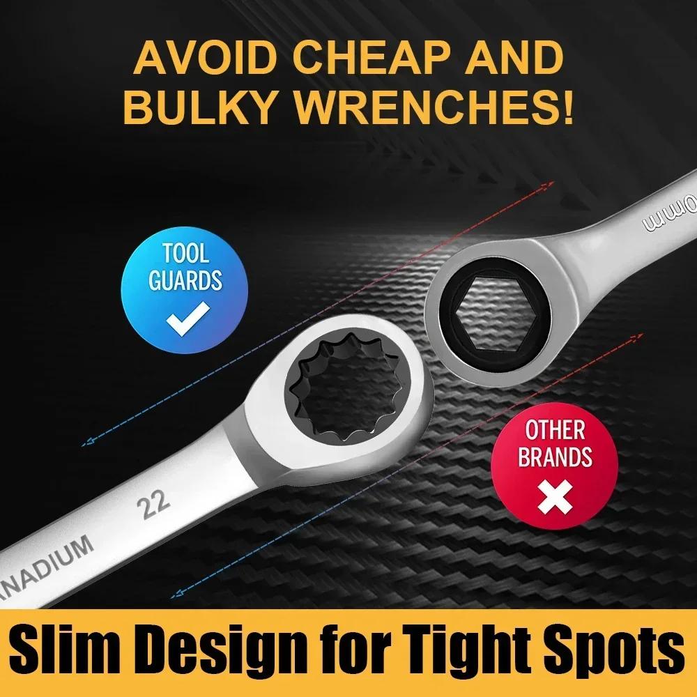 1 Pcs Ratchet Wrench of Keys Spanner Set Hand Tool 72-Tooth Ratcheting Flexible Head Mirror Finish 6mm-27mm Auto and Home Repair