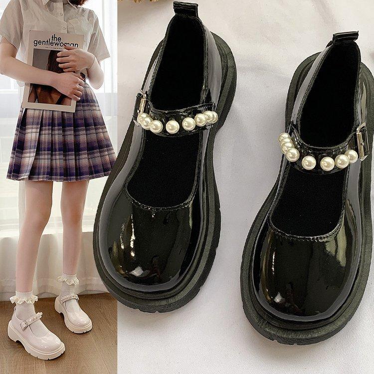 French retro British style small leather shoes female summer new pearl fairy word with platform Mary Jane single shoes