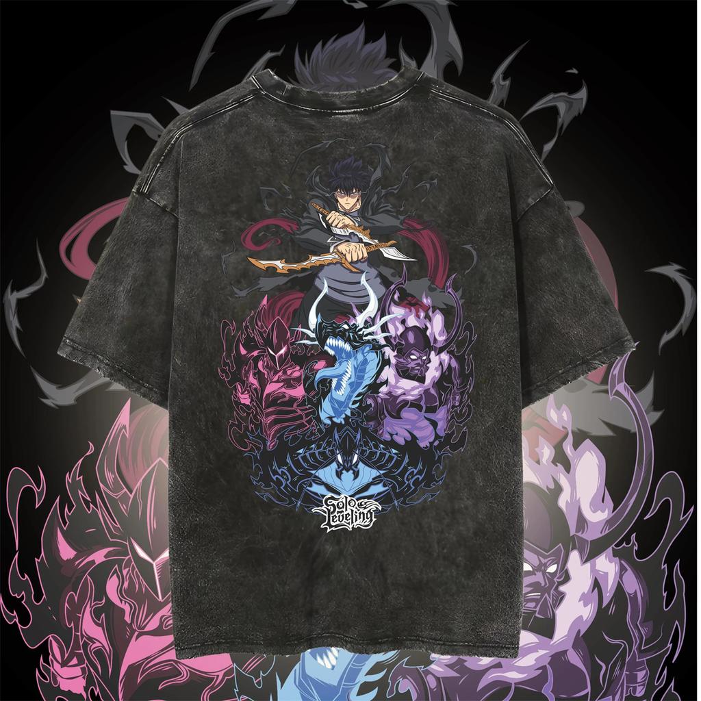 Solo Leveling Anime Washed Cotton T Shirt Manga Tees Vintage T-shirt Men's Summer Streetwear Men Women Tops Clothing