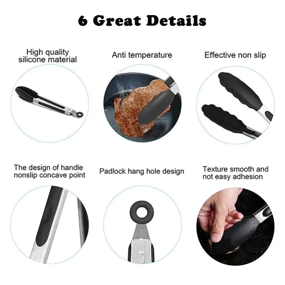 1PC Anti-slip Kitchen Tongs BBQ Stainless Steel Silicone Tip Salad Bread Serving Tool Non-Stick Kitchen Barbecue Food Clamp