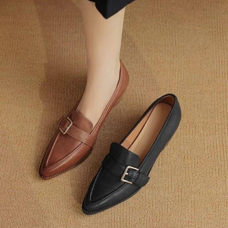 Fashion 2025 New Vintage Thick Heels Women Pumps Retro Buckle Genuine  Mature Pointed Toe Office Lady Working Spring Summer Shoes Woman