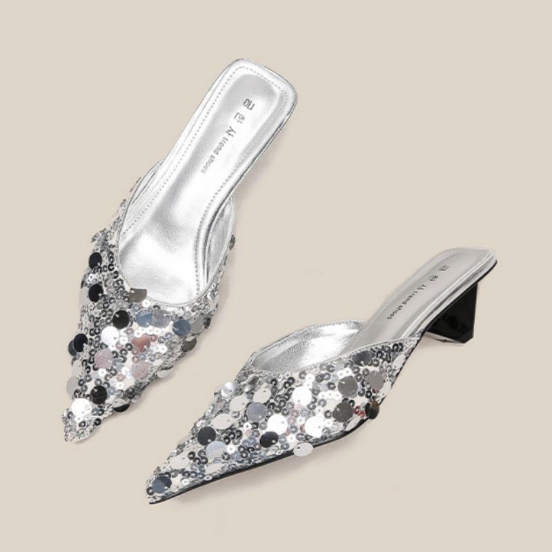 

Босоножки на высоком каблуке с бусинами, элегантный стиль, летние тапочки с острым носком особой формы для женщин 36 серебряный