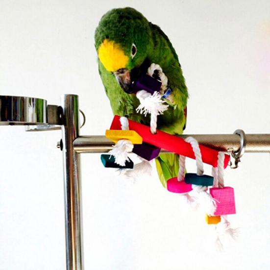 Pet Bird Parrot Wood Blocks Cotton Rope Cage Hanging Standing Play Chew Toy
