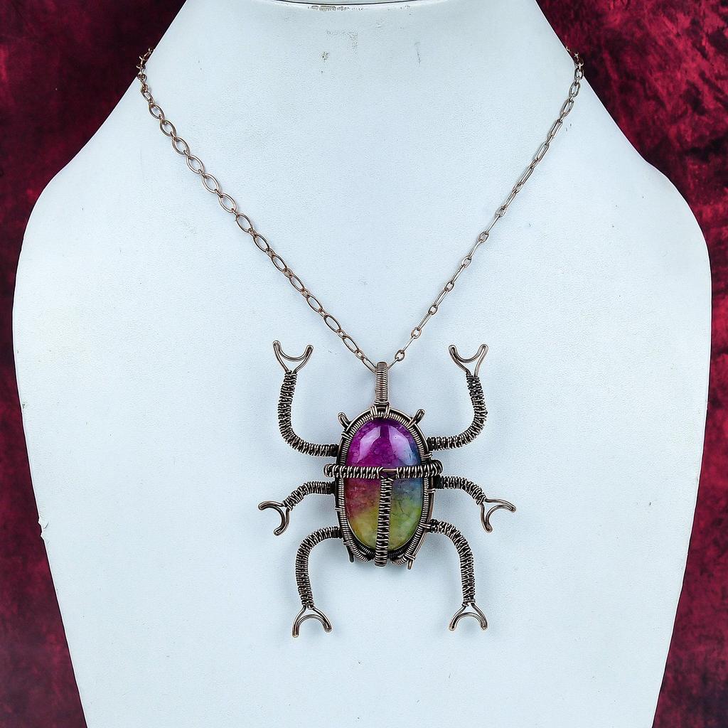 Rainbow Solar Quartz Druzy Pendant Beetle Pendant Copper Wire Wrapped Jewelry