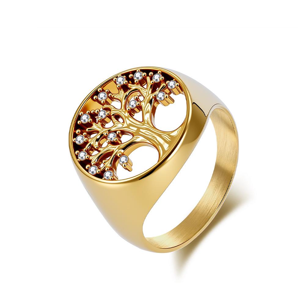 Tree of Life Zircon Ring for Women – 18K Gold Plated Titanium Steel, Elegant Fashion Jewelry, Adjustable Band