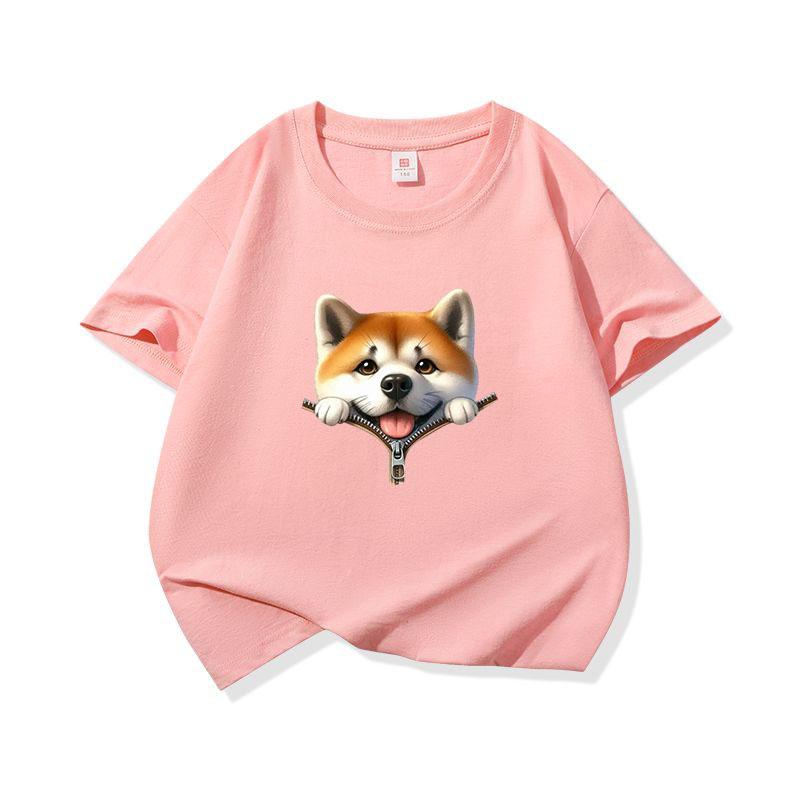 Kids Pure Cotton T Shirt Adorable Dog Zipper Print Crew Neck Short Sleeve Tee Casual Breathable Boys Girls Summer Tops