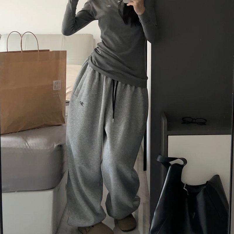 Grå overdimensjonerte joggebukser kvinner Harajuku Koreansk sport tynne bukser broderi Y2k vintage baggy bukser