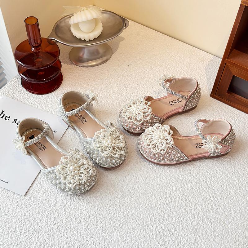 Kids Half Sandals Pearls Sweet Flowers Girls Princess Shoes Soft Sole Non-slip 2025 Summer New Children Dance Shoes Ins Trendy