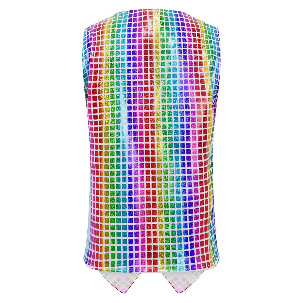 Costume da Performance Teatrale per Danza Ragazzi Ragazze Scollo a V Senza Maniche Orlo Asimmetrico Bottone Gilet a Quadri Metallico