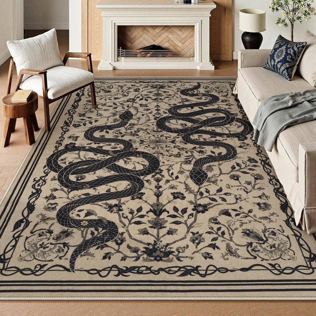 Black Living Room Carpet Large Machine Washable Carpets Snake Plant Bedroom Bedside Floor Mat Retro Elegant Home Decoration Rug
