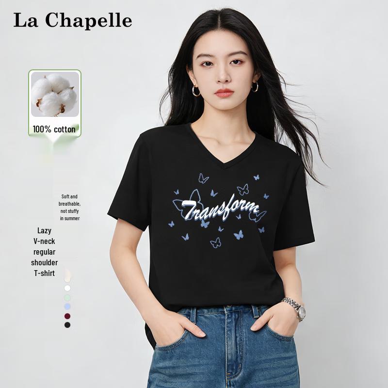 

La Chapelle Women s Heavyweight Pure Cotton V-Neck Butterfly Print T-Shirt M