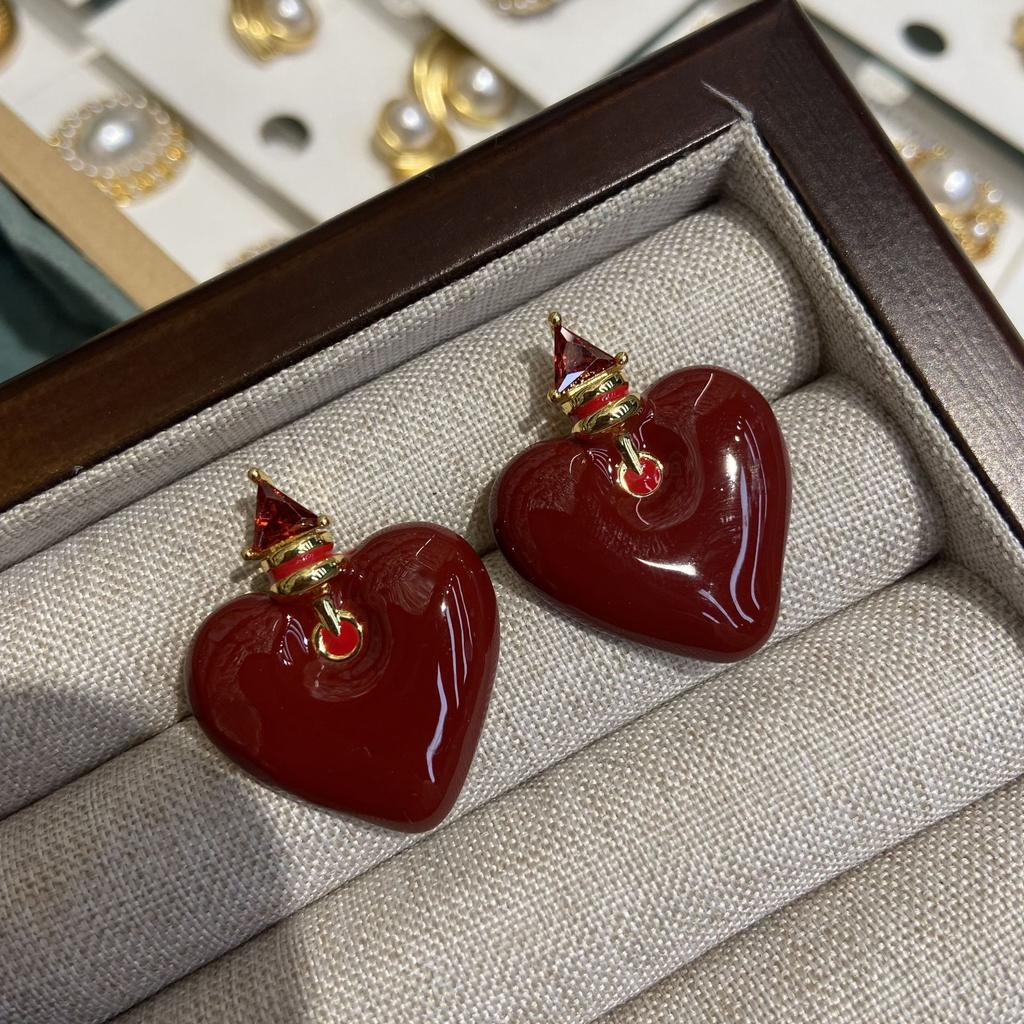 Ankola Red Oil Dripping Love Stud Earrings Women'S Literary Retro Sweet Fashion Personality Temperament Versatile Earrings Earrings