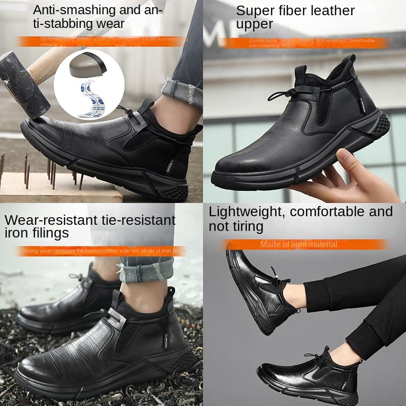 Black Leather Waterproof Safety Work Shoes For Men Steel Toe Office Boots Shoes Indestructible Construction Male Boots Footwear