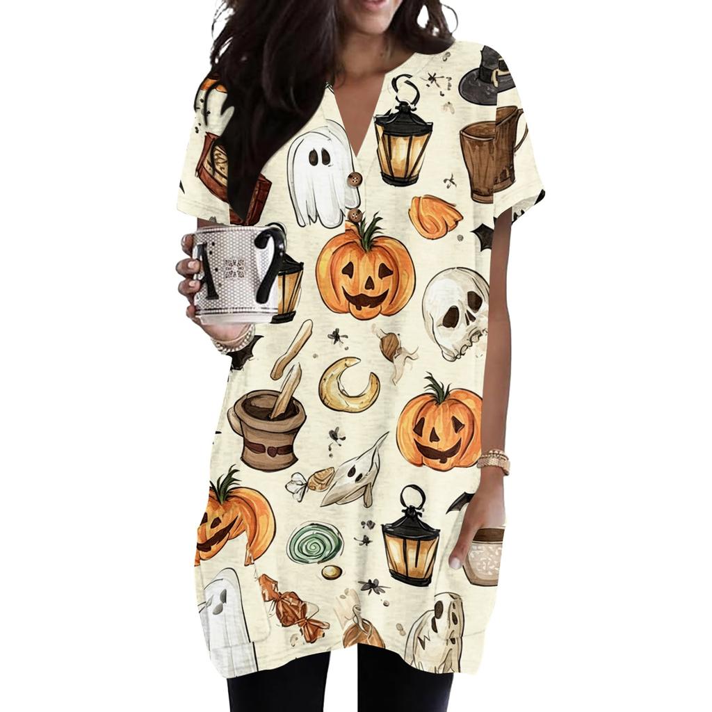 Women's Halloween V-Neck Short Sleeve T-Shirt with Pocket, Pullover Top, Printed Graphic Tee