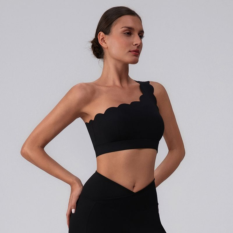 

[Petal Series] Small Wave One Shoulder Sports Intimates Women s with Chest Pad Fitness Sports Bra Yoga Vest Black Bra XL/10