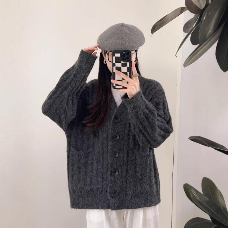 Autumn and winter wide and thin high-end medium and long knitted cardigan lazy wind soft waxy thickened v-neck sweater jacket women