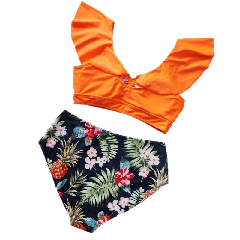 European & American Ruffle Printed Swimsuit with Drawstring Bikini