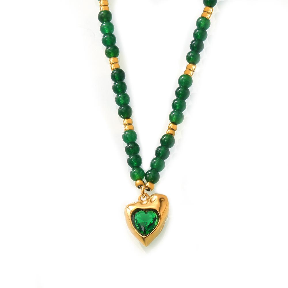 Wind Green Stone Splicing Beaded Titanium Steel Necklace Niche Design Simple Temperament Special-Shaped Love Pendant