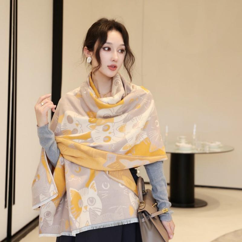 Cute Big-Eyed Cat Winter Scarf Cashmere Women Pashmina Design Wrap Female Thick Blanket Soft Bufanda Warmth Shawl Kerchief