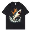 Cat Riding Shark Funny Meme Graphic T Shirts Summer Fashion O-Neck Short Sleeve T Shirts Men Women Casual Loose Cotton T Shirt