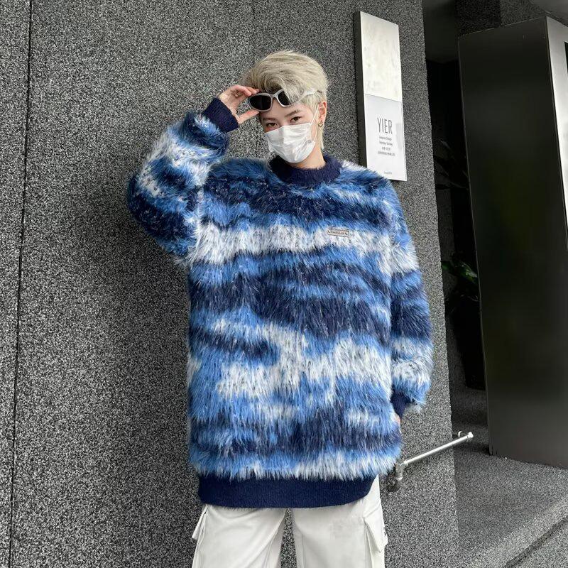Men s Retro Winter Faux Mink Knit Sweater - Loose Fit, Round Neck, Vintage Style M синий