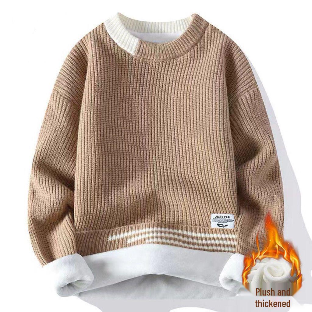 Men's Velvet Thick Knit Sweater - Autumn/Winter Round Neck Trendy Warmwear for Teen Students
