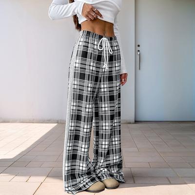 New Elastic Black and White Plaid Trousers Casual Plaid Splicing Wide-leg Pants for Women