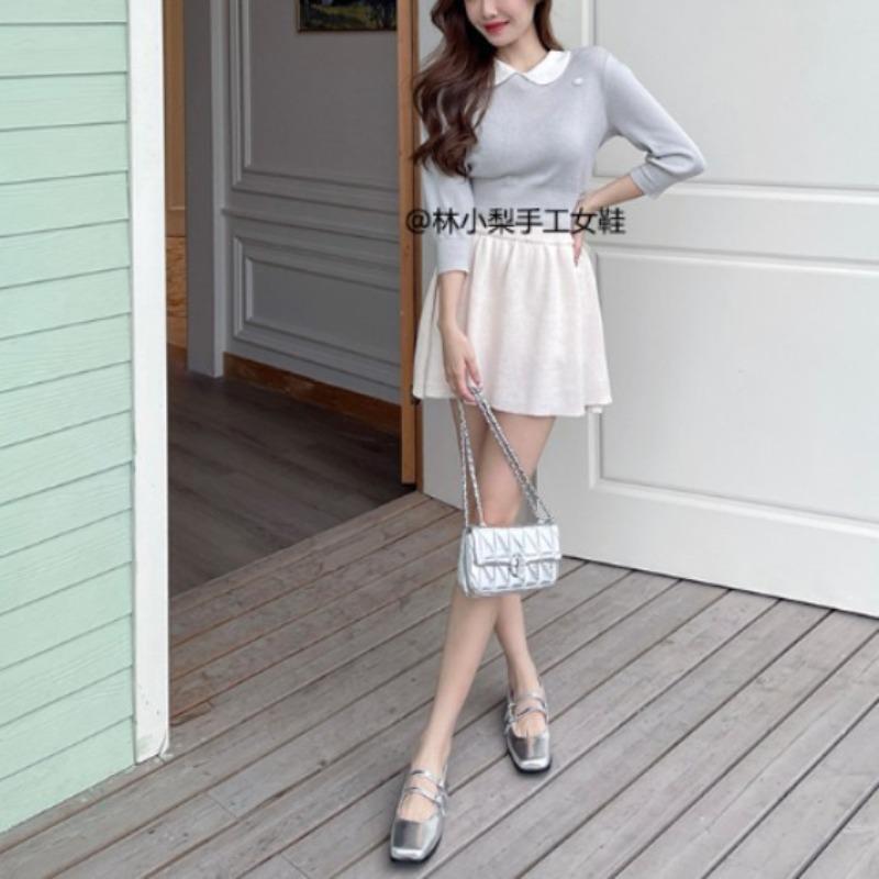 Leather Cross-Buckle Light Mouth Flat Shoes Women's Retro Silver Ballet Shoes Mary Jane Shoes