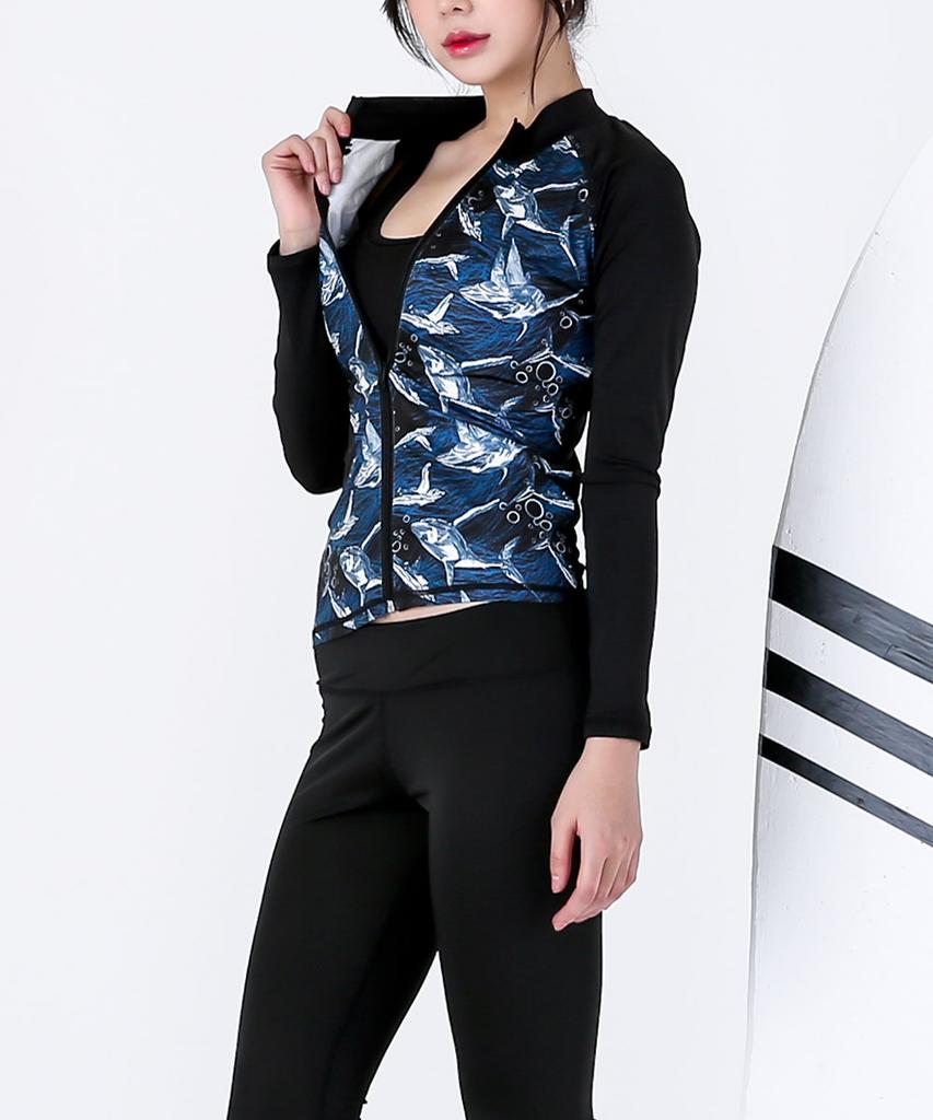 Dangun Cool Air Shark Print Zip-Up Long Sleeve Rash Guard