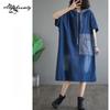 Koreanischer Stil Sommer Damen Übergroßes Jeanskleid mit Kapuze Blau Plus Size Lässiges lockeres Midikleid Kurzarm Baggy Vintage Kleid mit Tasche