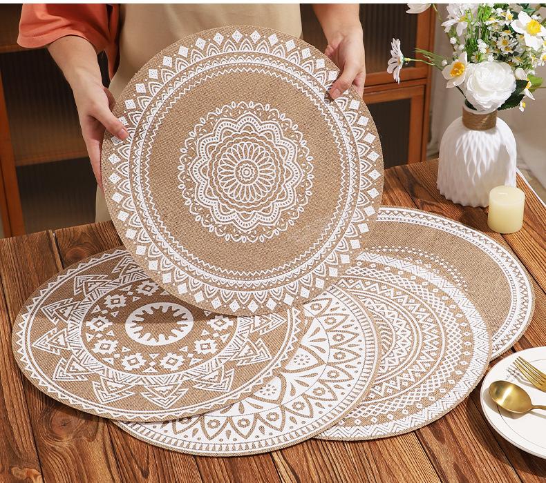 Large Round Jute Placemat Bohemian INS Style Silk Screen Printed Heat Resistant Table Mat Insulation Pad for Kitchen Dining Home Decoration