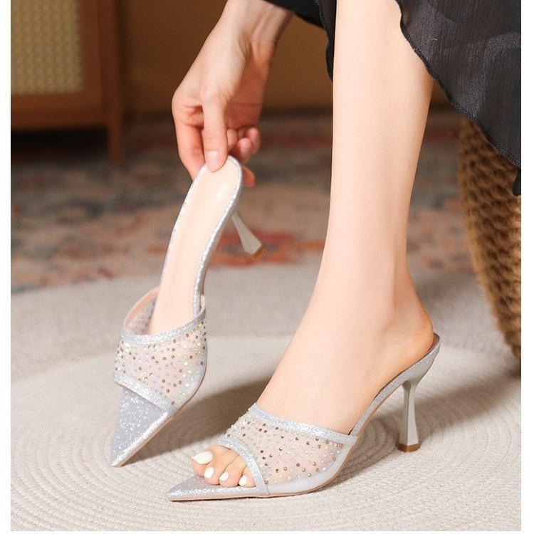Rhinestone Sandals Women's Summer Wear New Fashion Thin Heels Pointed High Heels Open-toed Cool Slippers