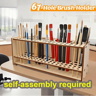 67/71 Holes Wooden Pen&Brush Holder Organizer Artists Students Makeup Desktop Storage Painting Supply Organization Stationery