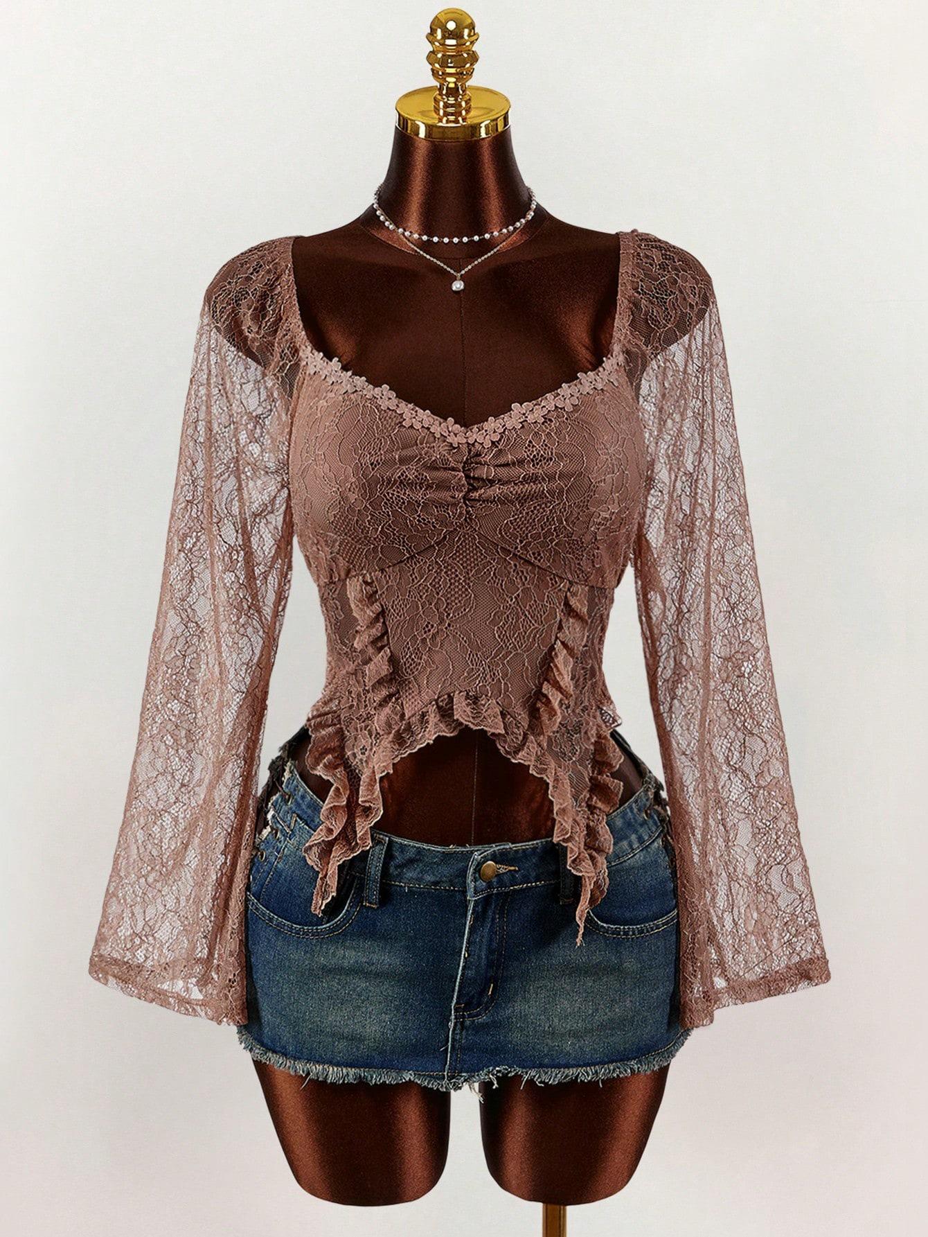 

Retro Solid Color V-neck Lace-up Slim Fit Top S коричневий