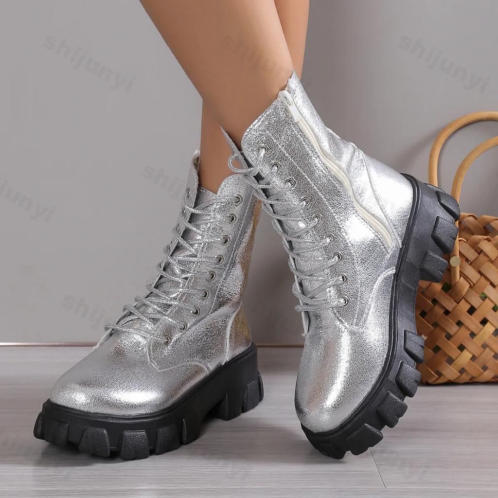 2024 New Retro Women Platform Ankle Boots Female's Round Toe Lace Up Fashion Chunky Shoes Punk Short Boots Botas De Mujer