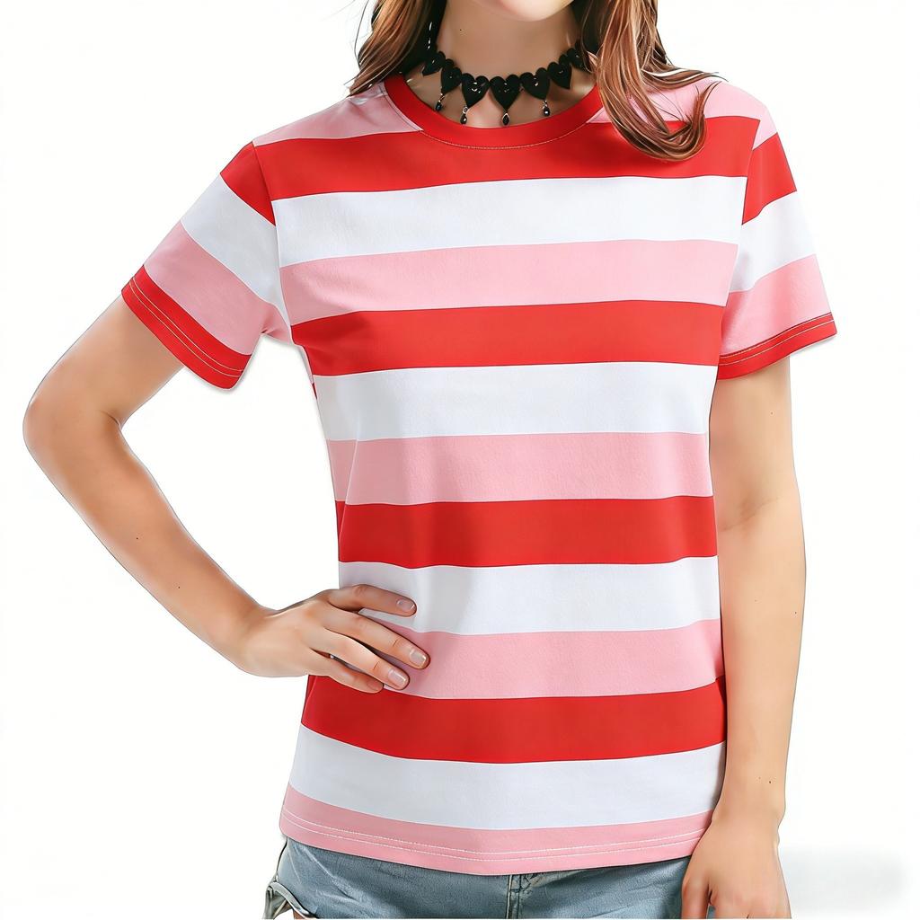2026 New Model Chic Color Contrast Striped T-Shirt, Women's Fashionable Casual Summer Basic Topv